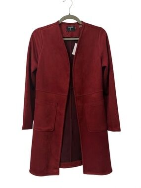 NWT Tahari Faux Leather Merlot Open Front Long Coat Whipstitch Trim Sz XS $118